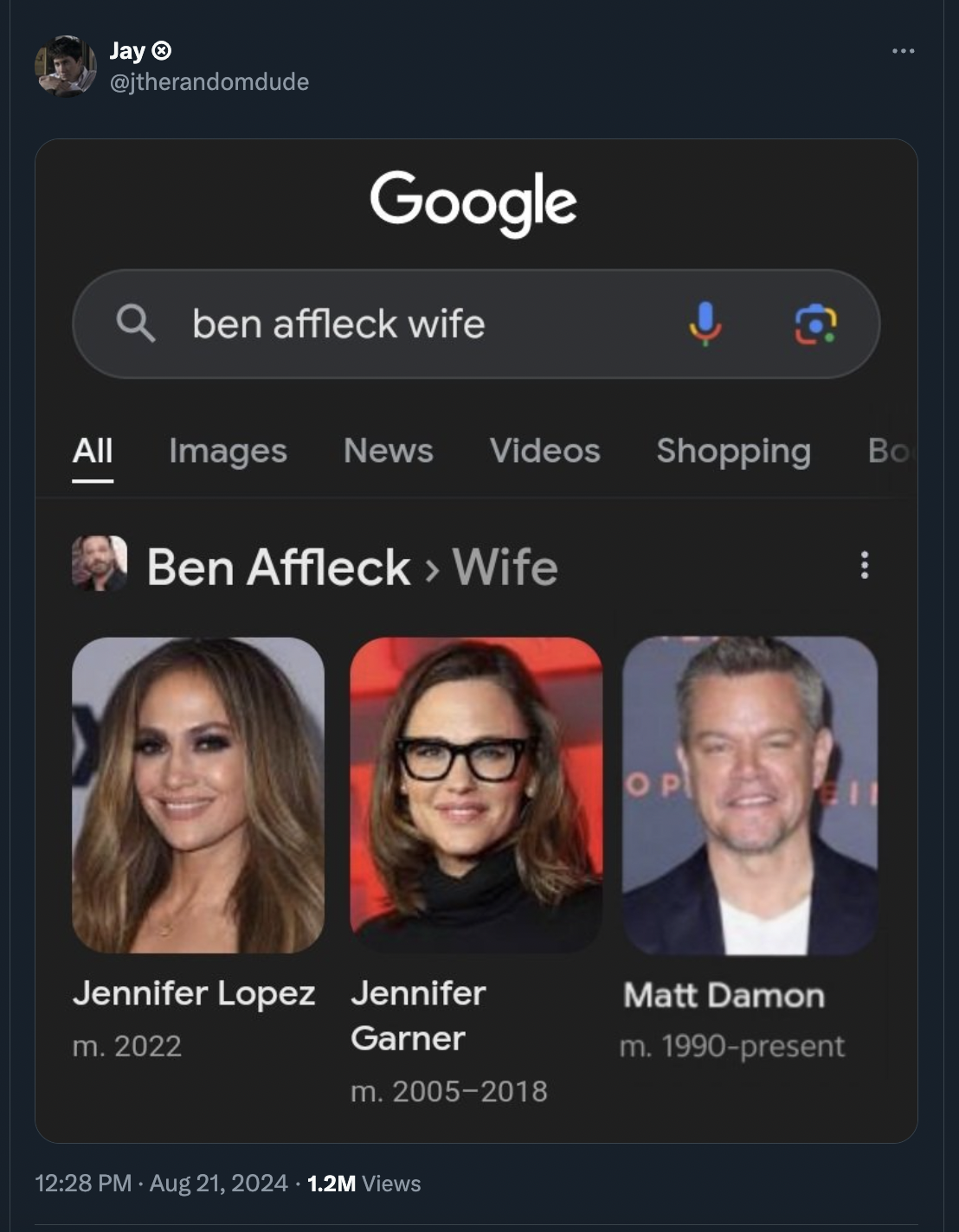 screenshot - Jay Google Qben affleck wife All Images News Videos Shopping Bo Ben Affleck > Wife Op Jennifer Lopez Jennifer Matt Damon m.2022 Garner m. 1990present m. 20052018 1.2M Views